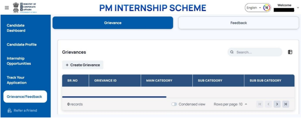 pminternship mca.gov.in grievance