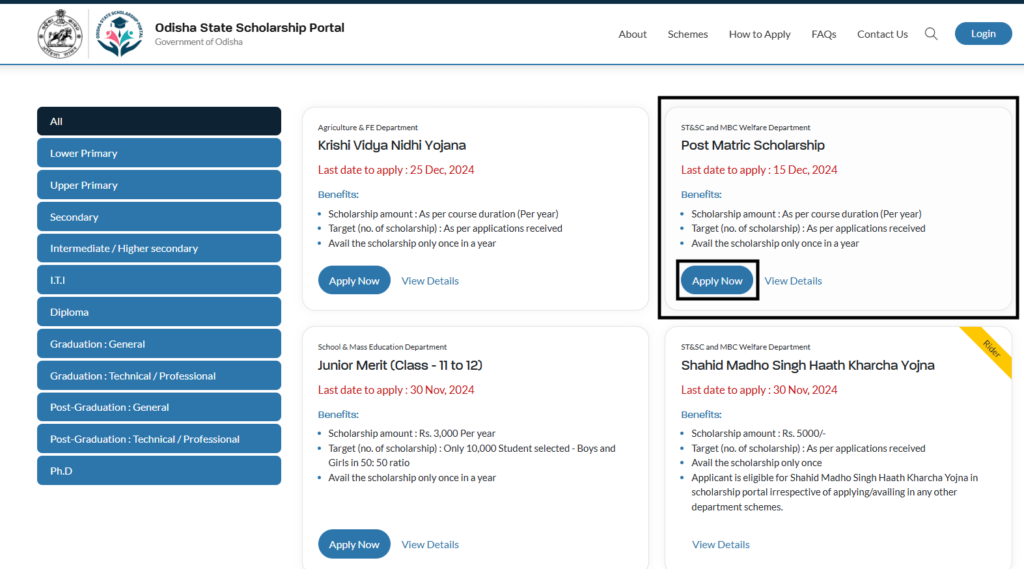 odisha post matric scholarship scheme apply online