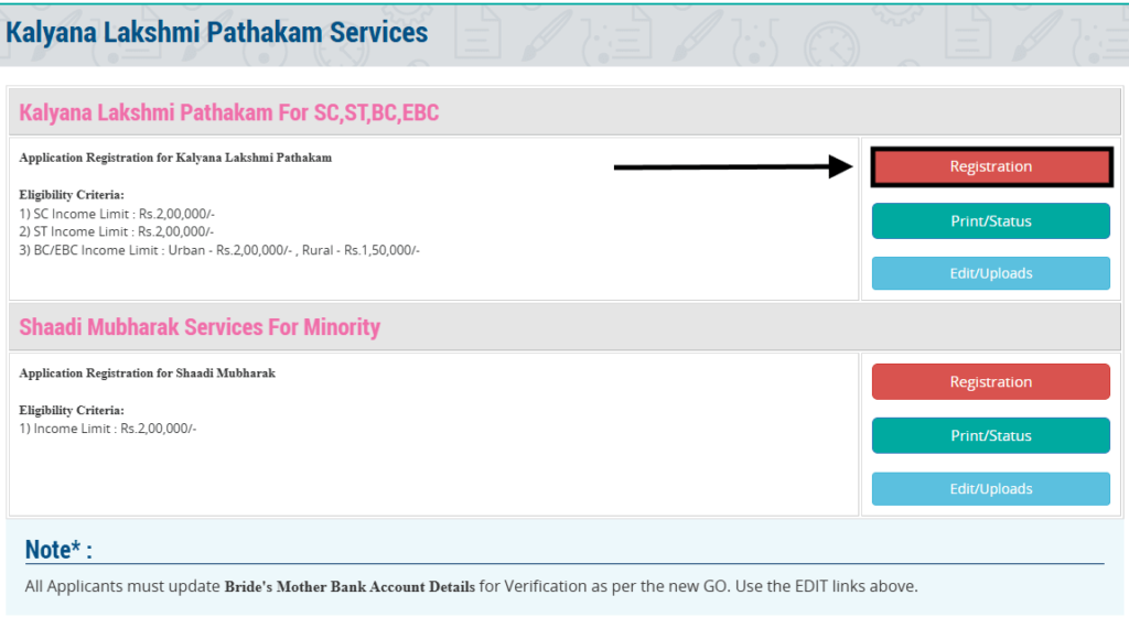 kalyana lakshmi pathakam registration